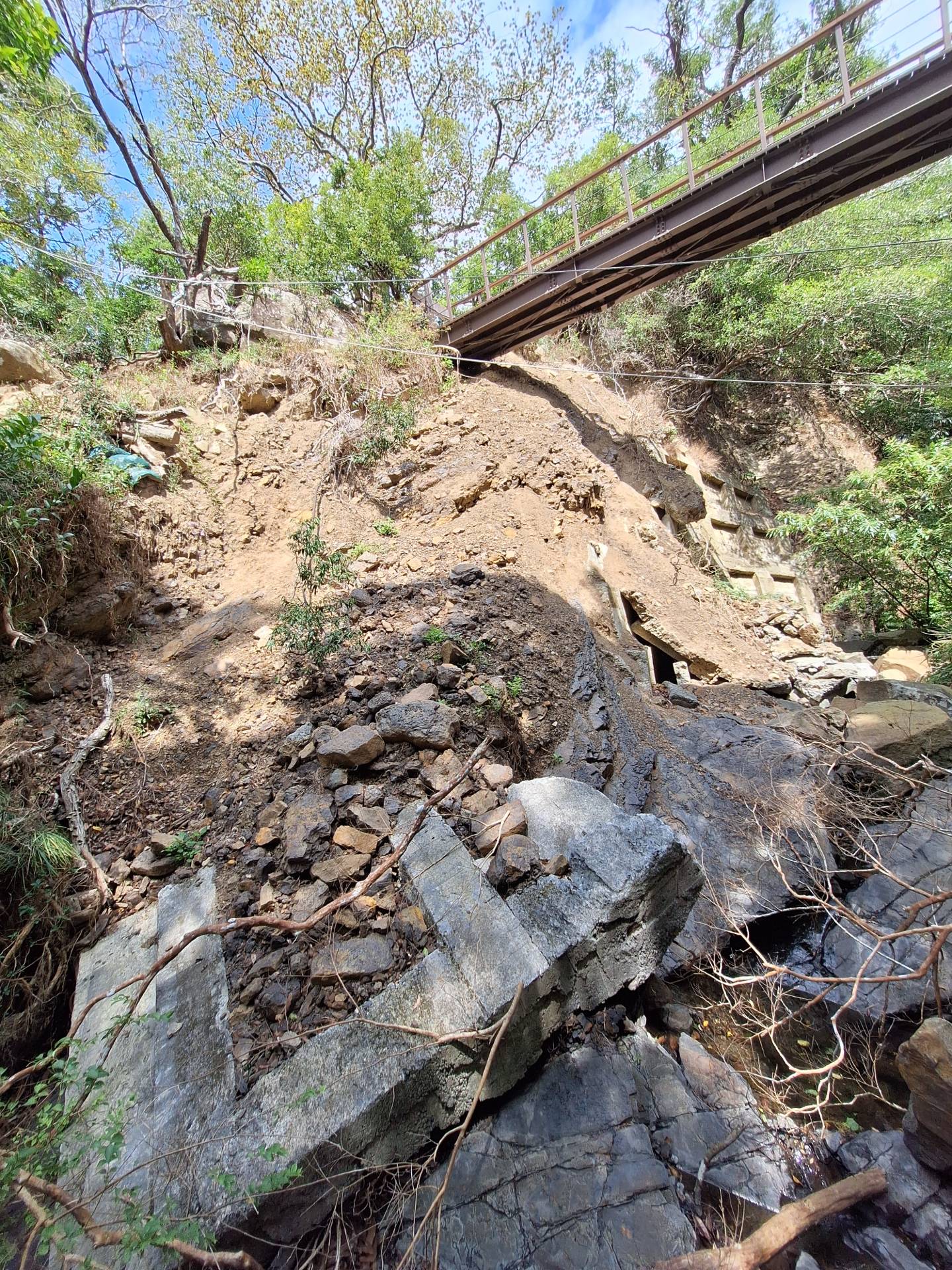 約2.2k鋼構棧橋基礎淘空而傾斜位移，籲請民眾勿強行通過或從下方溪底穿越，以維自身安全